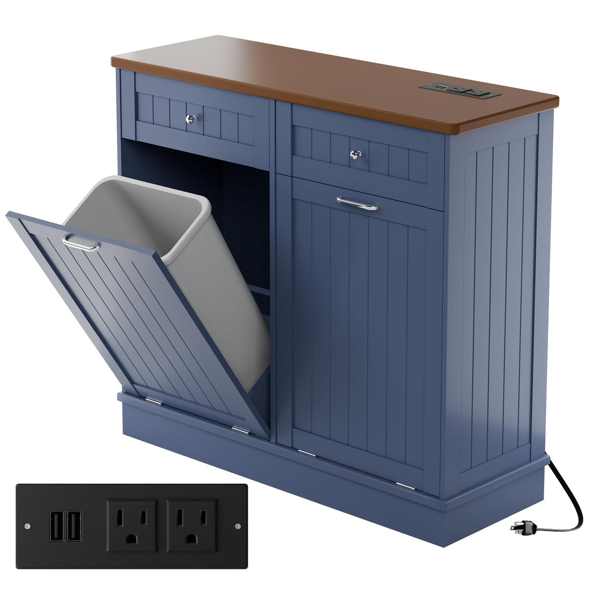 Betterhood Double Tilt Out Trash Cabinet with Power Outlet, 10 Gallon Trash Cabinet with Storage,Pet Proof Trash Can with 2 AC & USB Sockets for Kitchen,Living Room (Blue) Betterhood