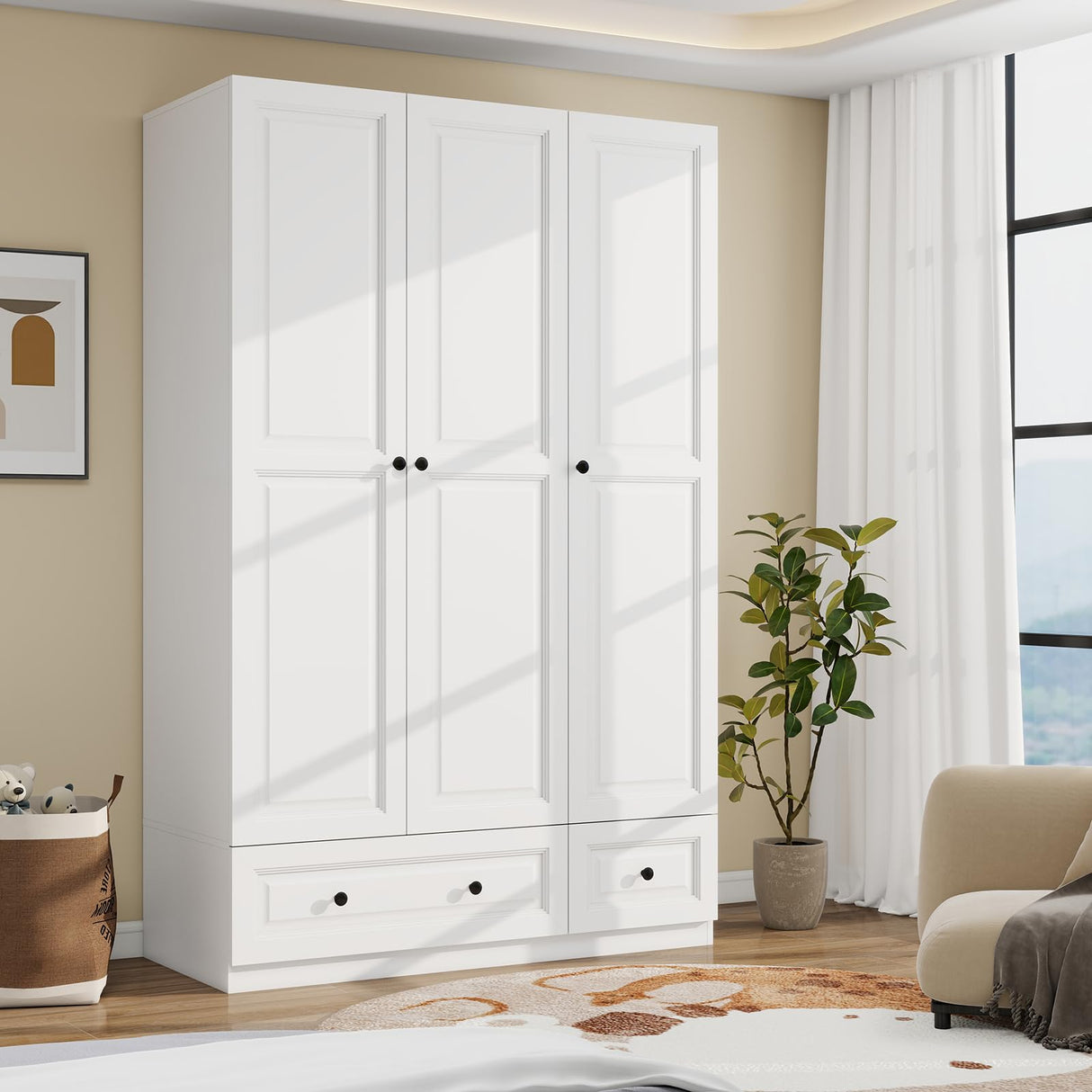 Vrmuxita Armoire Wardrobe Closet with Drawers: 74" White Tall Wooden Wardrobe Closet for Hanging Clothes, Large Bedroom Armoires with 2 Drawers, 3 Door Armoire Storage Cabinet (White, 47") Vrmuxita