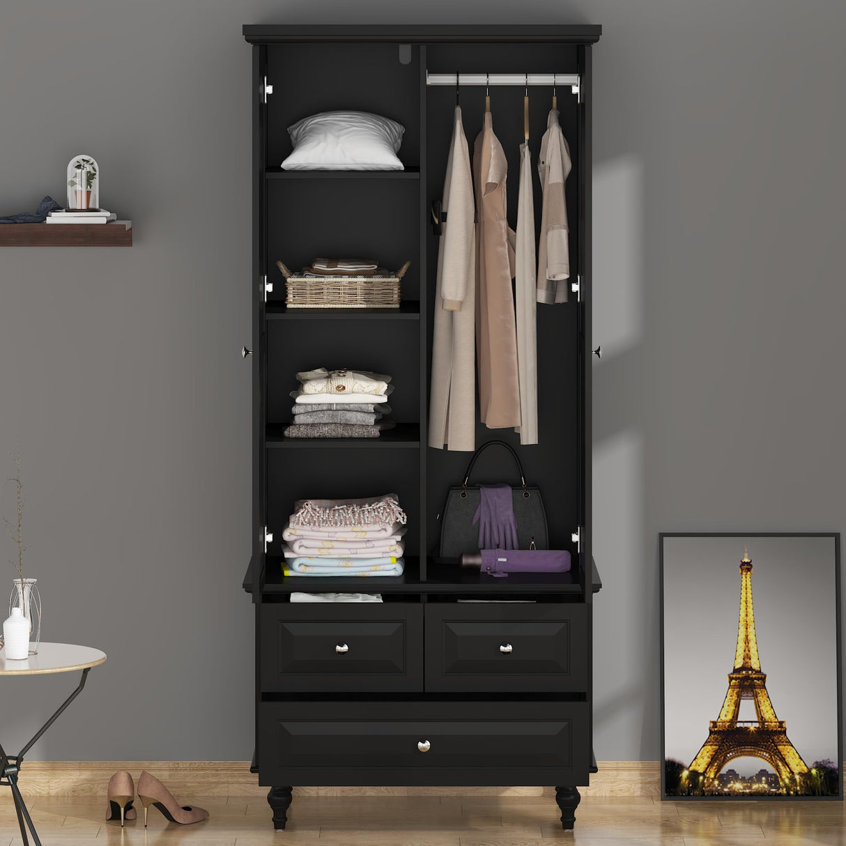 FUNISIR Bedroom Wardrobe Cabinet with 2 Doors, Wood Armoire Closet with Hanging Rod, Wardrobe Closet with 3 Drawers & Multi-Shelves for Clothes Organize, Black (19.7" D x 31.5" W x 70.9" H) FUNISIR