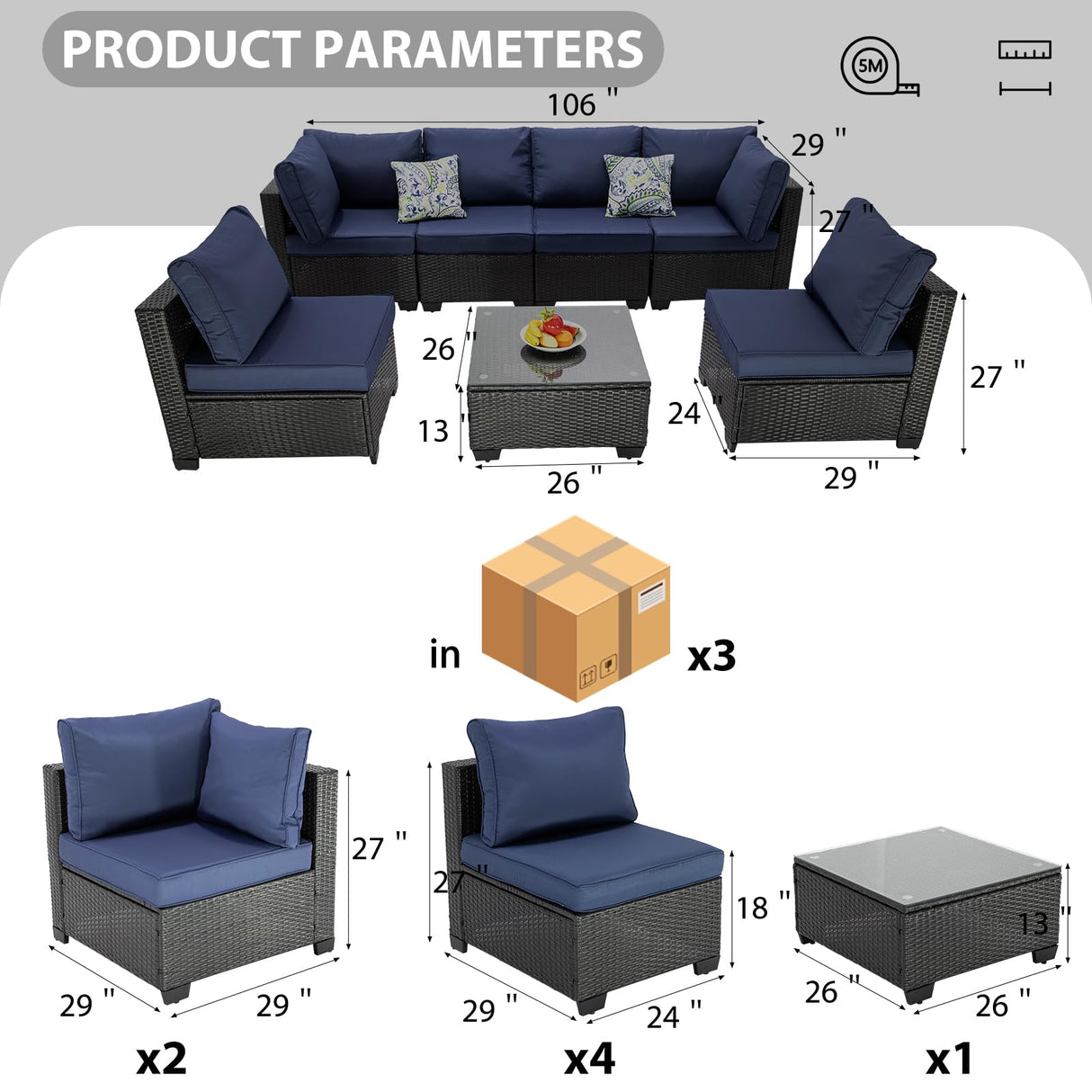 OUGMMGOU 7 Piece Patio Furniture Set, All-Weather Wicker Outdoor Conversation Set with Sectional Sofa, Rattan PE Wicker Seating, Glass Coffee Table, and Cushions (Coffee-Dark blue, Z7) OUGMMGOU
