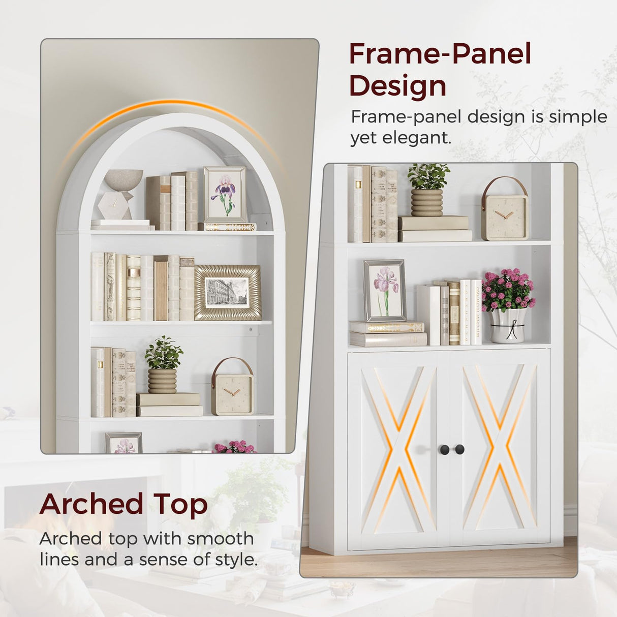 MAHANCRIS 6-Tier Bookshelf, 70.9'' Farmhouse Arched Bookcase with Cabinet, Freestanding Engineered Wood Display Bookshelf, with Adjustable Shelves, for Living Room, Study, Kitchen, White BKWT2501 MAHANCRIS