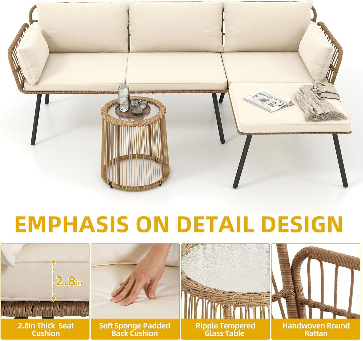 DWVO Patio Furniture Set 3 Piece Outdoor Wicker Conversation Set with Detachable Cushions and Coffee Table L-Shaped Sectional Sofa Set Outdoor Furniture Set for Backyard Porch Deck - Beige DWVO