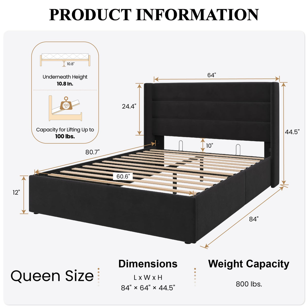 SHA CERLIN Queen Size Lift Up Storage Bed/Velvet Upholstered/Modern Wingback Headboard/Upholstered Platform Bed Frame/Hydraulic Storage/No Box Spring Needed/Black SHA CERLIN