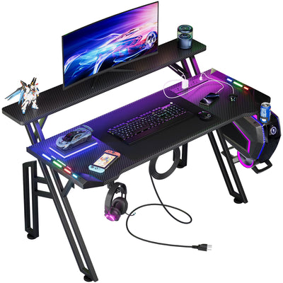 47 Inch Gaming Desk with Led Lights & USB Ports & Power Outlets, Upgraded Integrated Monitor Stand Computer Desk, Gamer Desk for Small Space, Black Carbon Fiber Surface Gaming Desk
