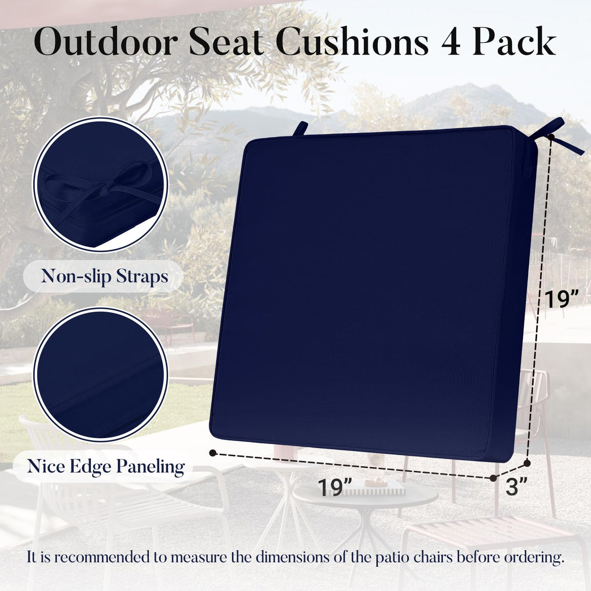 Basic Beyond Outdoor Chair Cushions for Patio Furniture, Waterproof Outdoor Seat Cushions Set of 4 19 x 19, Patio Chair Cushions Set of 4 with Ties and Handle, Navy Blue Basic Beyond