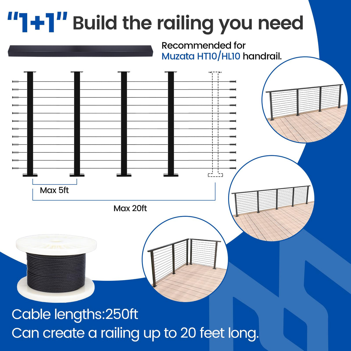Muzata 15ft-20ft Complete Set 42" Cable Railing Post Kit Include 4Pack Black Posts PS01, 250ft Wire Rope, Swageless Cable Railing System DIY Kit (No Handrail) RWS2 BH4L Muzata