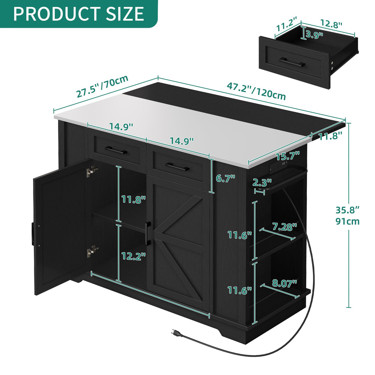 YITAHOME Kitchen Island with Drop Leaf, 47 Inch Mobile Stroage Islands with Stainless Steel Top, Rolling Island Table with Power Outlet, Adjustable Shelves, Spice Rack, Towel Rack for Kitchen, Black YITAHOME