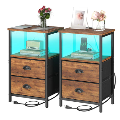 Sthmec Rustic Brown Industrial Nightstand Set of 2, Bedside Table with 2 Fabric Drawers, 3-Tier Storage, LED Light, Charging Station, 11.38''D * 15.38''W* 24.75''H