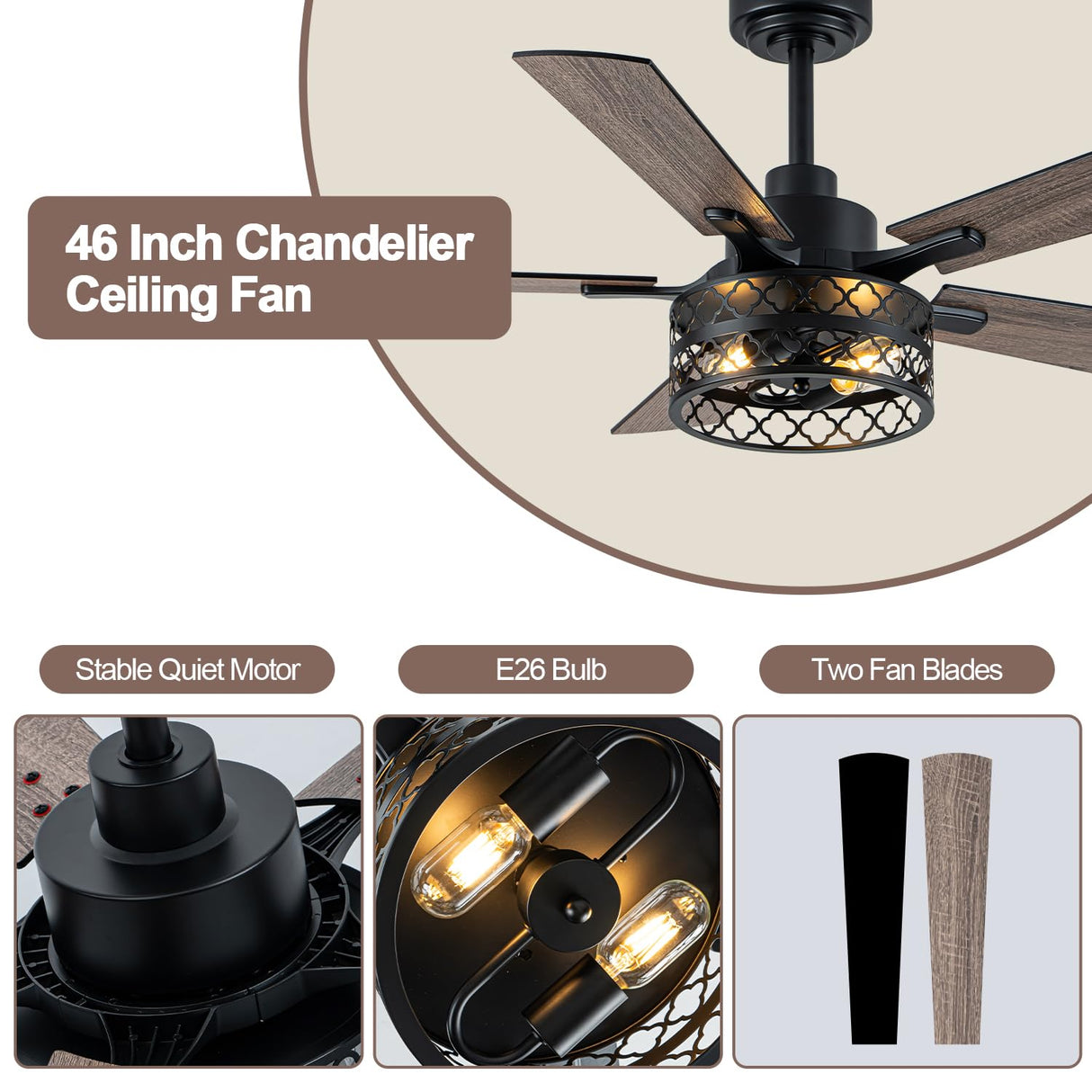 Curve Curio 46 Inch Farmhouse Ceiling Fan with Light Black Industrial Ceiling Fan Rustic Chandelier Fan for Living Room Bedroom Patio Curve Curio