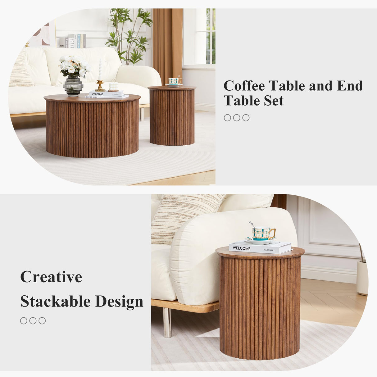 Round Nesting Coffee Table Set of 2, Mid Century Modern Wood Coffee Tables and End Table Set, Circle Side Table Minimalist Center Tables for Living Room, Office(Walnut) AVZEAR