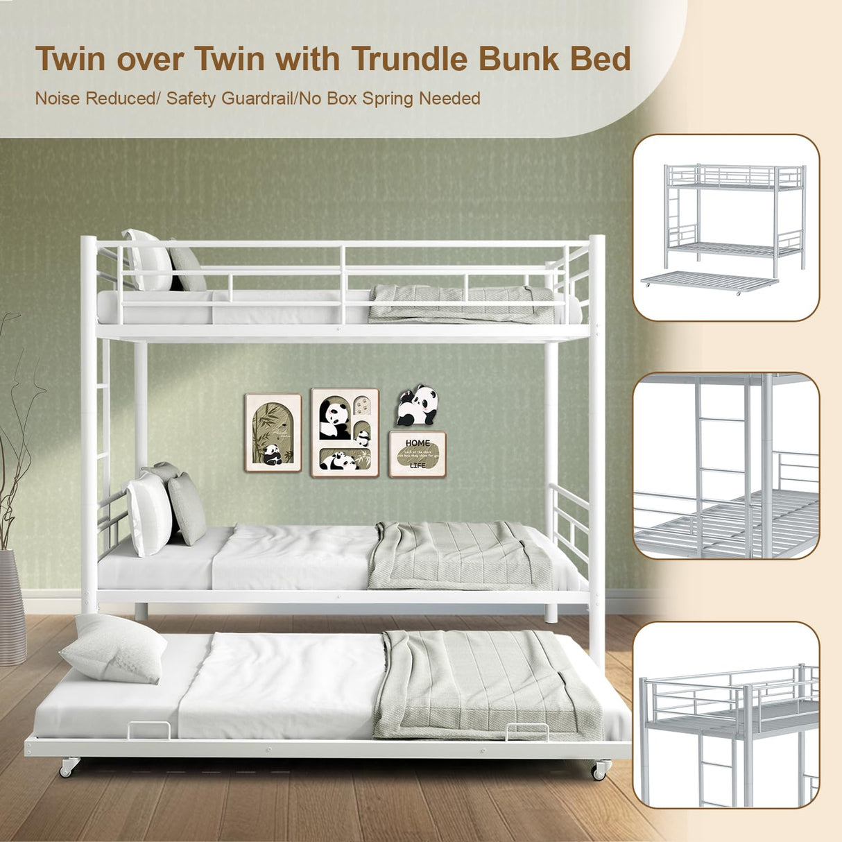 Twin Over Twin Bunk Bed with Trundle, Metal Bunk Beds with 2 Ladder and Guardrails, Convertible Triple Bunk Bed for Kids, Teens and Adults, No Box Spring Needed, Space Saving (White) AYJOIR