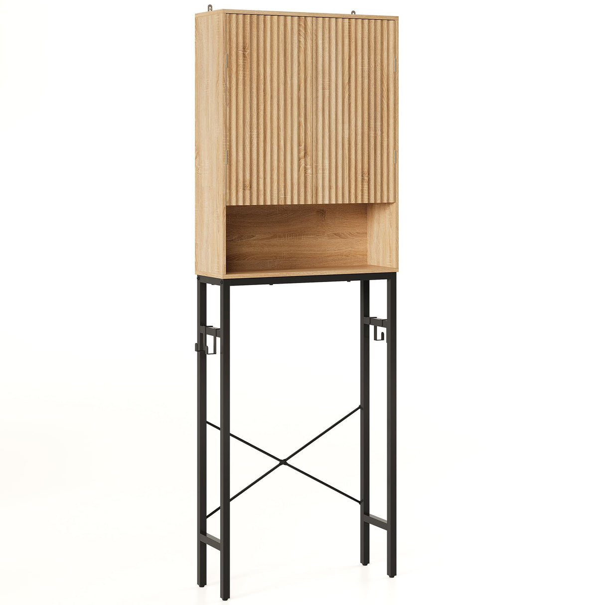 Toilet Storage Cabinet, Over The Rack Wood Cabinet with Metal Stand, Bathroom Organizer with Adjustable Shelf, Tall Freestanding Washer Shelf, Small Cupboard, Space Saver, Natural Style TROJM