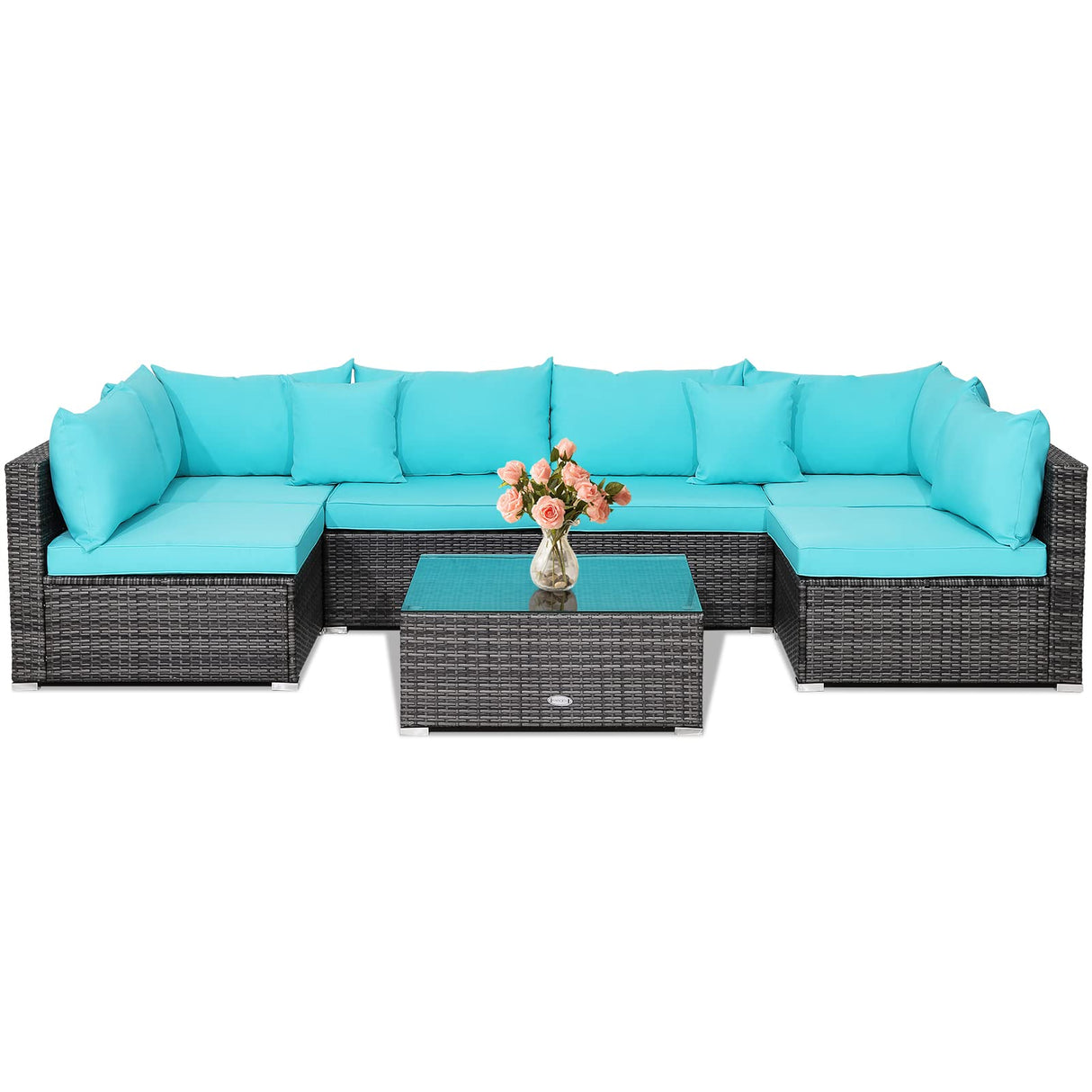 Tangkula 7 Pieces Patio Furniture Set, Patiojoy All-Weather Outdoor Rattan Sectional Sofa Set with Cushions and Tempered Glass Coffee Table, for Garden, Lawn, Backyard (Turquoise) Tangkula