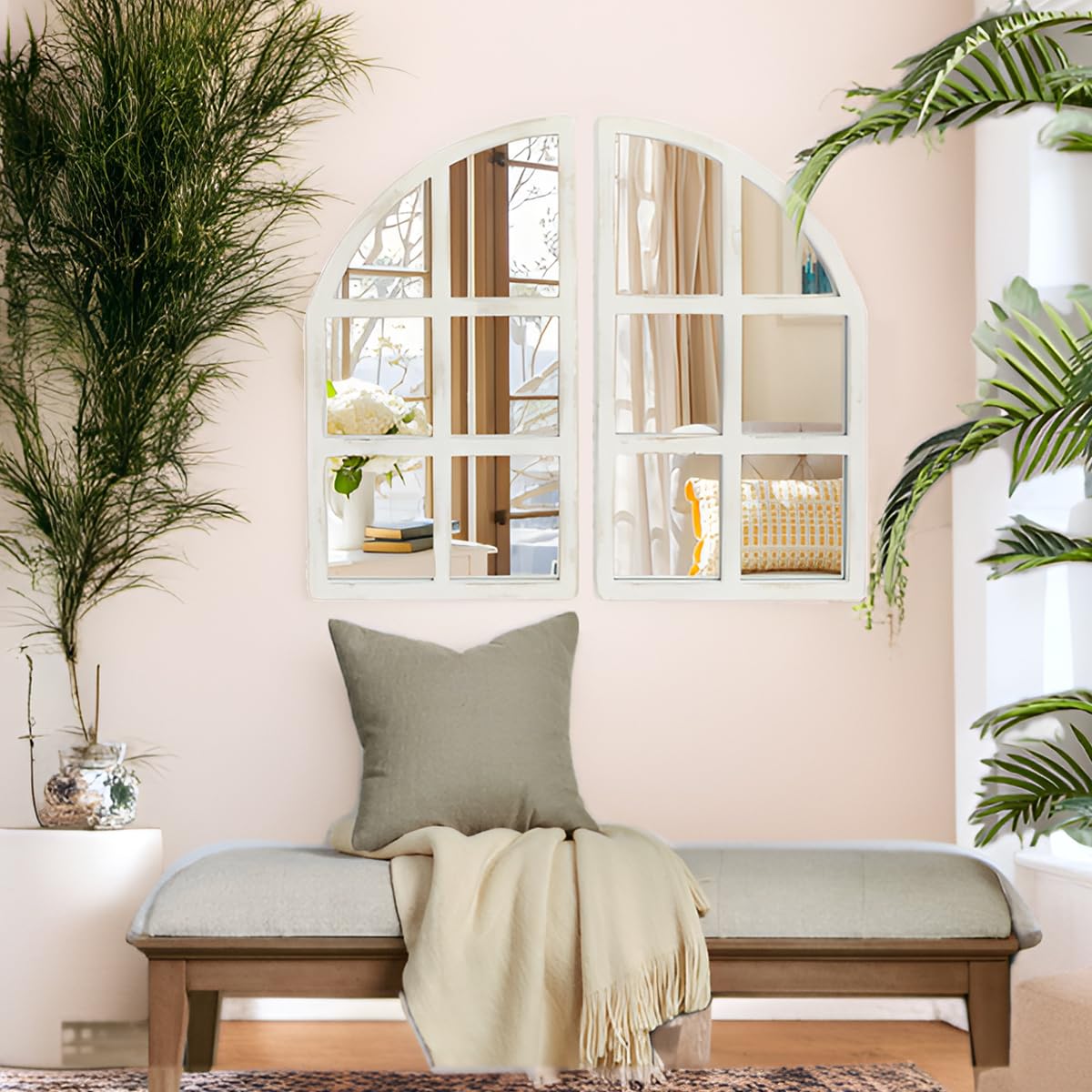 FLORA Farmhouse Mirror, Arch Window Wall Mirror for Kitchen Bedroom Living Room Wall Decor, Set of 2 FLORA