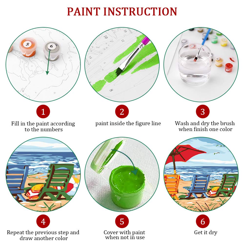 Ginkko Paint by Numbers Art Craft Kit for Adults, Beach Themed, Framed Canvas 9x12 inch, Non-Toxic Acrylic Paints, Professional Brushes, Unique Gift Ginkko
