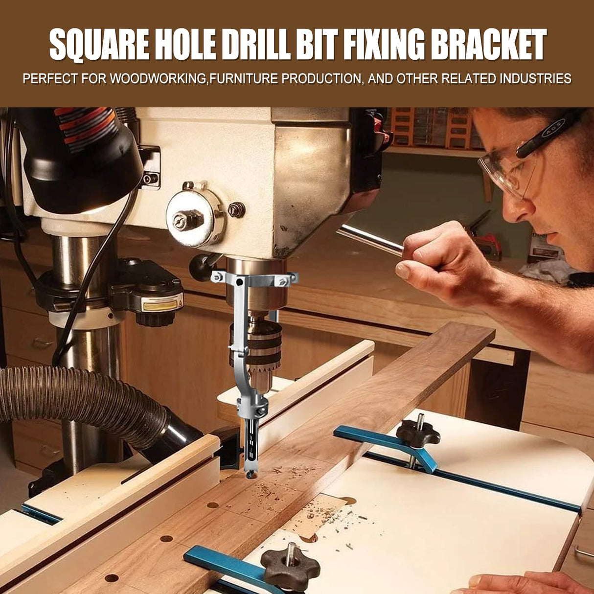 Square Hole Drill Bit Adapter and 4 pcs Square Hole Drill Bits, Easy Installation and Disassembly Mortising Attachment for Drill Press, Mortise Machine, Power Tool Accessory for Drill Machines Yuqutum