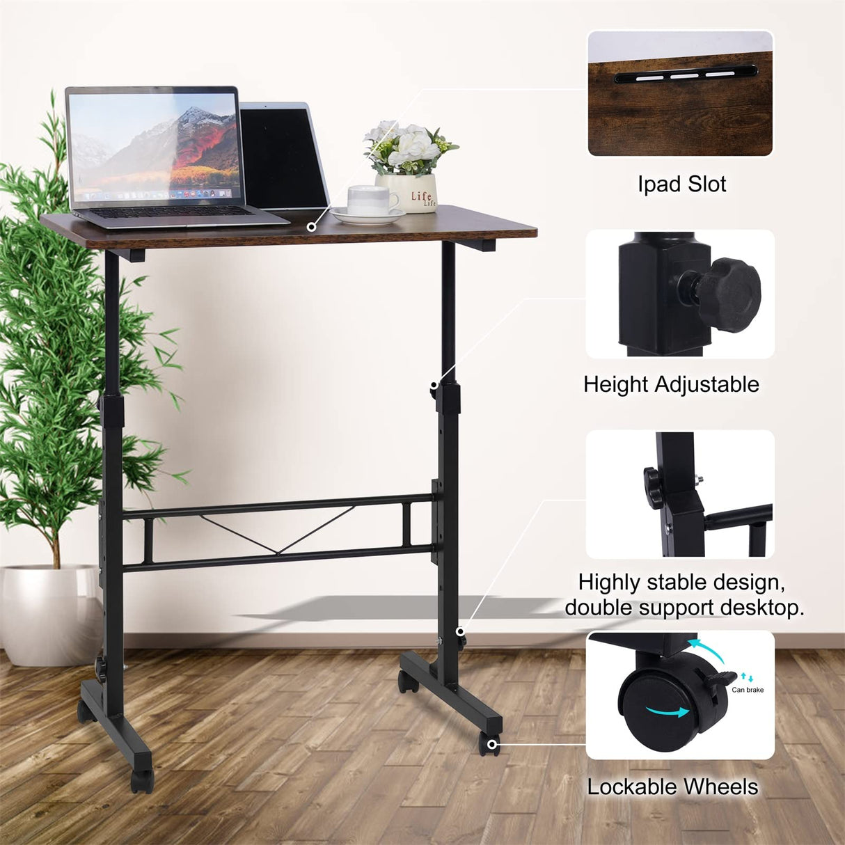 Standing Desk Adjustable Height, Mobile Stand Up Desk with Wheels Small Computer Desk Rolling Desk, Portable Laptop Desk Rustic Standing Table Sit Stand Home Office Desks 16"x31.5" Height 27"-43.5" KLSMYHOKI