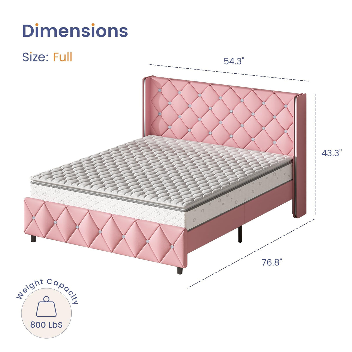 HOMBCK Full Size Bed Frame, Upholstered Bed with Diamond Headboard, Pink Bed Frame Full with Wingback Headboard & Footboard, No Box Spring Needed, Easy Assembly, Pink HOMBCK