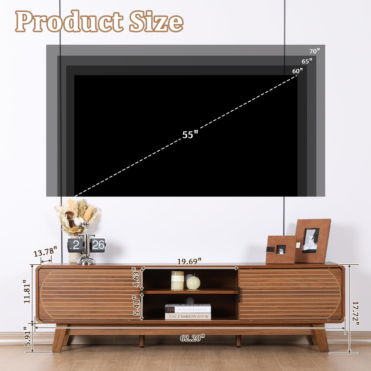 Janmer Home Mid Century Modern TV Stand for 55/60/65 Inch TV, 62" TV Console Table with Fluted Sliding Doors, Entertainment Center and Media Console with Storage for Living Room (Walnut, 62.2inch) Janmer Home