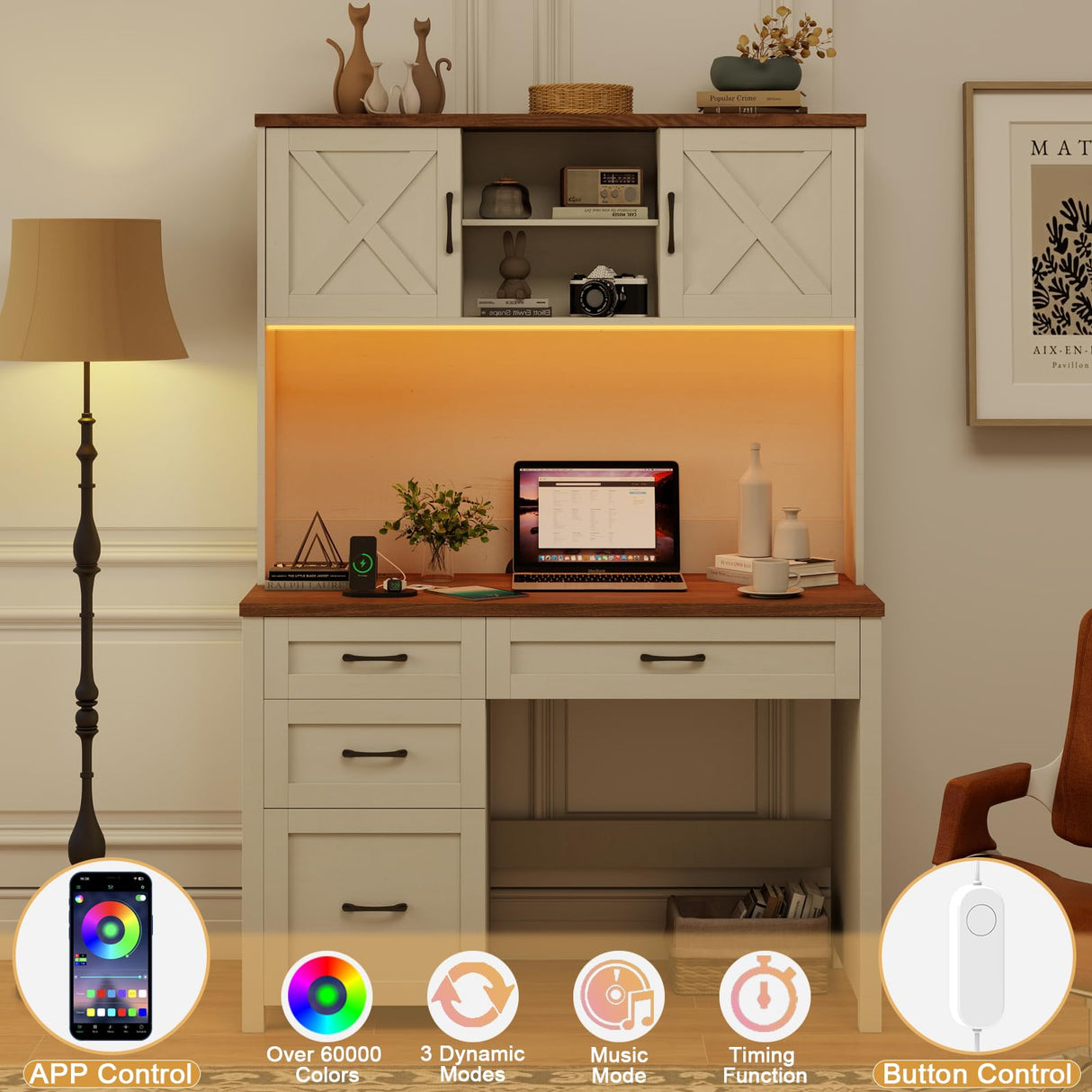 Farmhouse 67" H Executive Desk with Hutch,Office Desk with 4 Drawers and LED Light, Computer Desk with Storage Cabinet & File Drawers and Charging Station, Wood Workstation for Home Office and Study Vabches