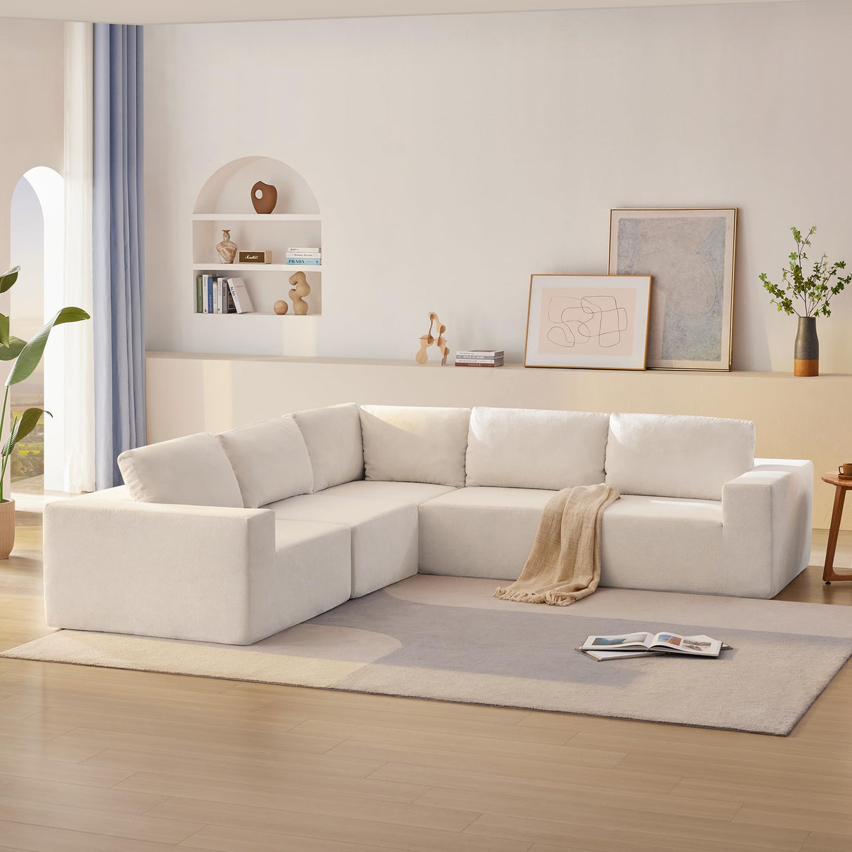 Merax 116" Modular Sectional Sofa, Luxury Floor Couch Set, Chenille Upholstered Indoor Furniture Foam-Filled Sleeper Bed for Living Room, Bedroom, 5 PC Free Combination, 5 Seats-L Shape, Off-White Merax