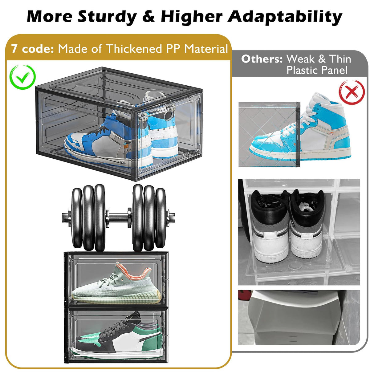7 code Thicken & Sturdy Clear Shoe Storage Organizer with Magnetic Door, Stackable Boxes for Closet, Foldable Shoe Rack for Sneaker Boot Container, Plastic Shoe Cabinet Shoe Box 6 Pack, Black 7 code