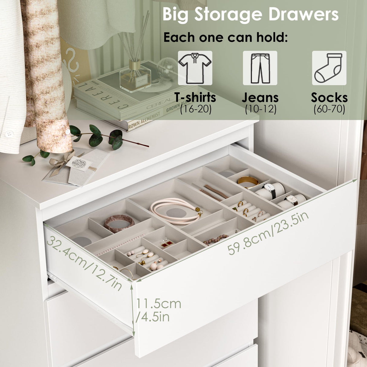 FOTOSOK White Dresser, 6 Drawer Dresser, Modern Tall Floor Storage Cabinet with Metal Sliding Rail, Wooden Handleless Drawer Cabinet, 6-Layer Large Capacity Vertical Dressers for Home & Office FOTOSOK