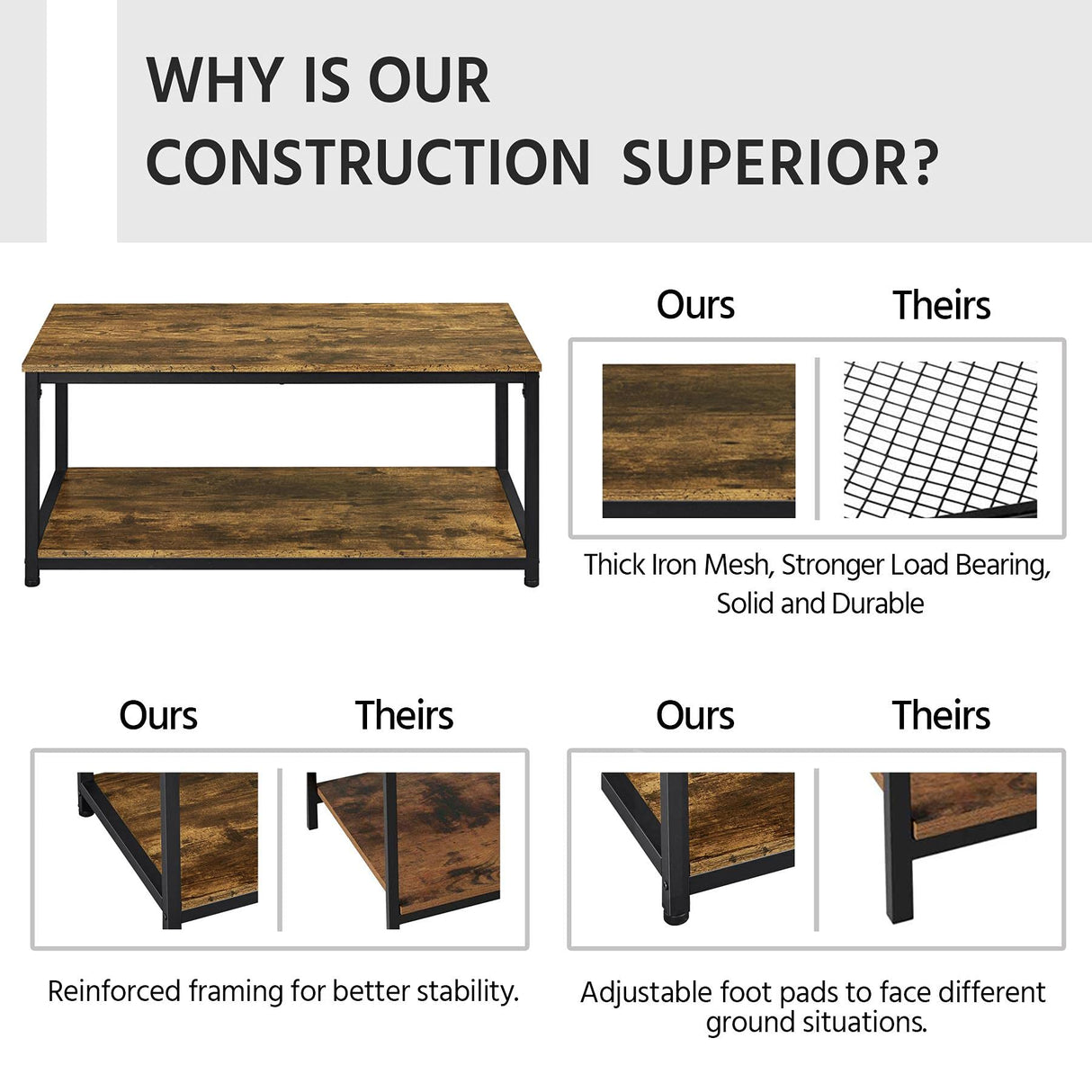 Yaheetech 2-Tier Coffee Table, Industrial Wood Coffee Table with Storage Shelf for Living Room, Rectangle Side End Table with Metal Frame, Rustic Brown Yaheetech