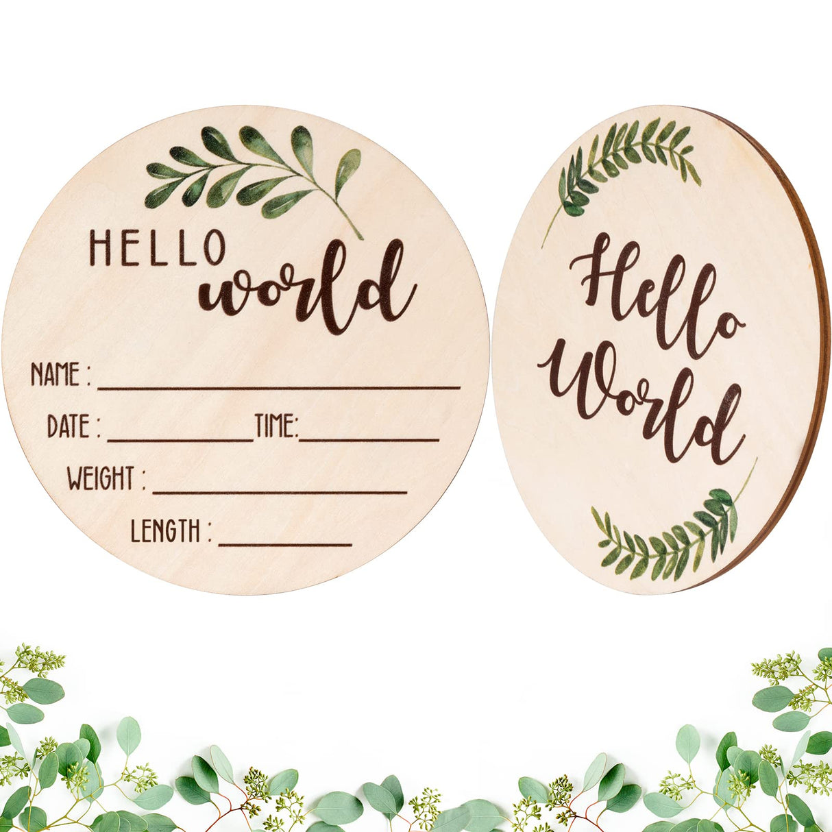 Baby Announcement Sign for Newborn - Beautiful Double-Sided Hello World Name Sign for Hospital Birth Announcement, The Perfect Round Wooden Welcome Giftacity