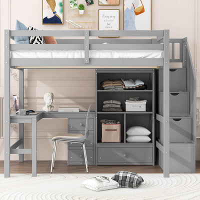 MERITLINE Full Size Loft Bed with L-Shaped Desk,Drawers,Staircase and Bookcase,Solid Wood High Loft Bed with Stairs and Guardrails,for Adults, No Box Spring Needed (Grey,Full)