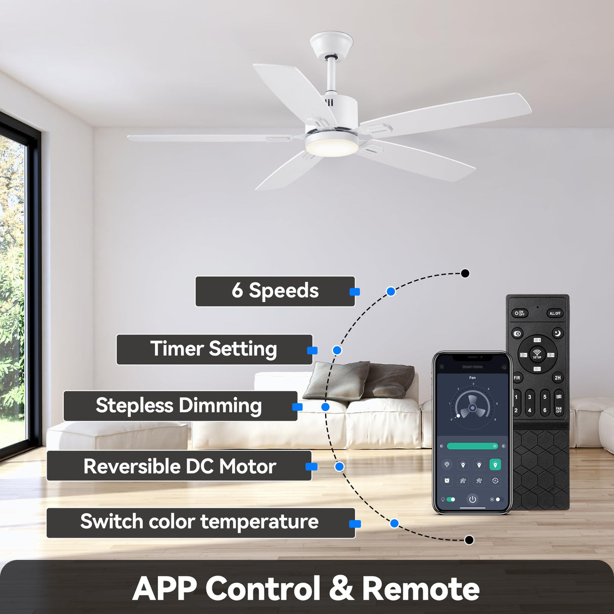 SUNMORY 52" Ceiling Fans with Lights, Smart Ceiling Fan with APP and Remote Control, Reversible DC Motor, Noiseless, Stepless Dimmable, Modern Ceiling Fan for Indoor/Outdoor Use, White SUNMORY