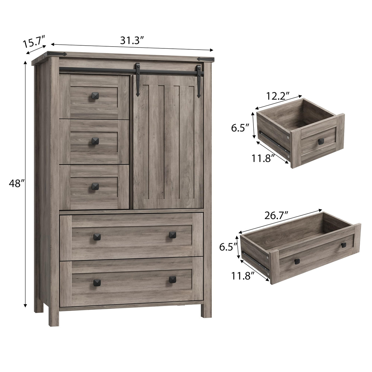 GarveeHome Farmhouse 5 Drawer Dresser for Bedroom, 48 in Tall Wood Dresser Chest of Drawer with Sliding Barn Door, Adjustable Shelf, Storage Organizer for Bedroom, Hallway, Living Room, Kitchen, Grey GarveeHome