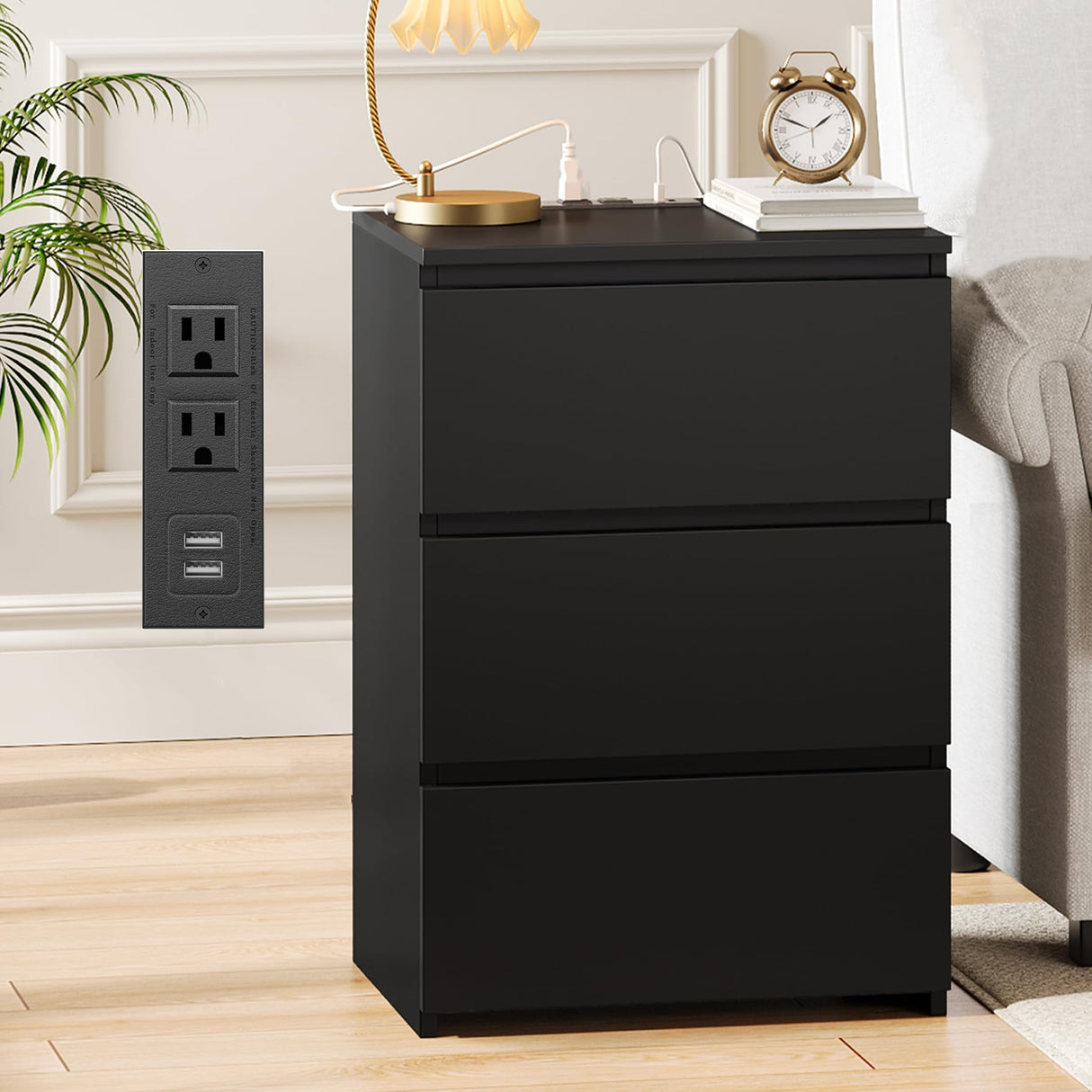 FOTOSOK Black Nightstand, 26" H Black Night Stand with Charging Station, Black Nightstand with USB Ports & Power Outlets, Silent Slides, Wooden End Side Table Bedside Table with 3 Drawers for Bedroom FOTOSOK