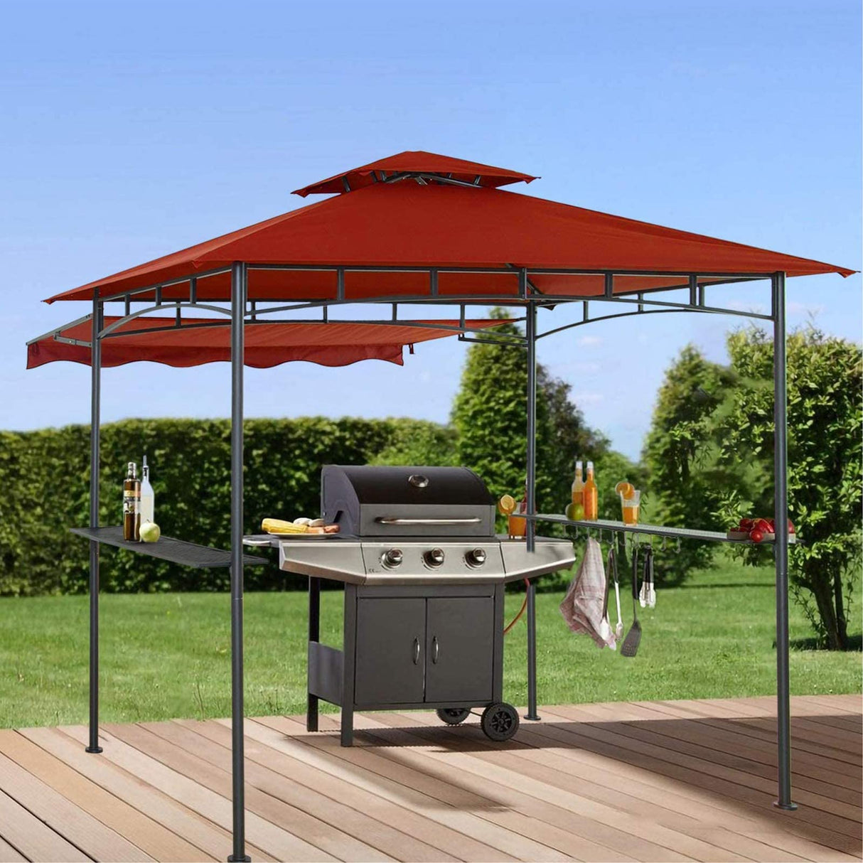 CHARMELEON Double Tiered Grill Gazebo 8X 5, Outdoor BBQ Patio Canopy Tent with Stretchable Side Awning (Burgundy) CHARMELEON