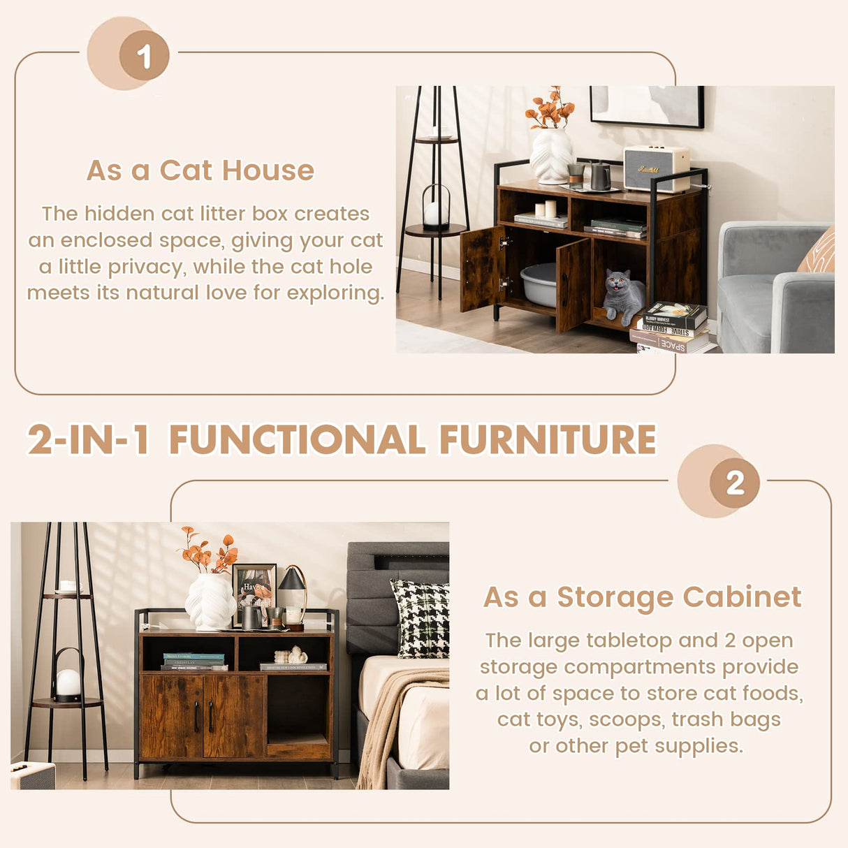 Giantex Cat Litter Box Enclosure - Cat Washroom Hidden Furniture with Front Entry, Cat Scratcher, 2-Door Storage Cabinet, 2 Compartments, Air Vents, Metal Frame, Wooden Pet Crate House (Rustic Brown) Giantex