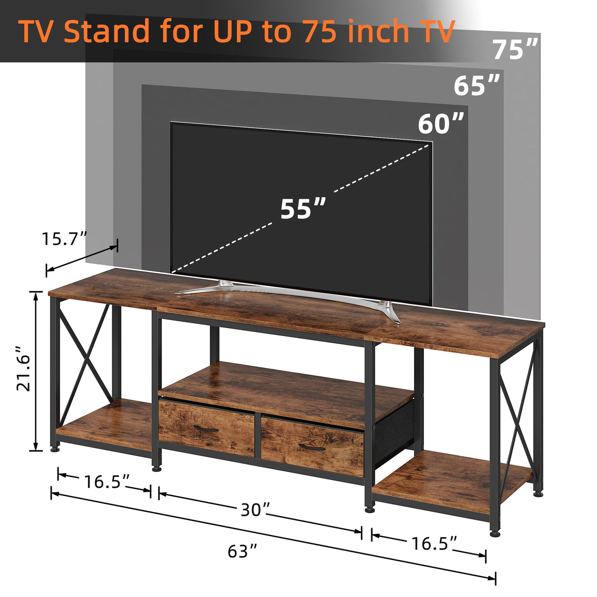 GYIIYUO TV Stand with Fabric Drawers for 65 70 75 Inches TV - Entertainment Center and Industrial TV Console Table with Open Storage Shelves for Living Room, Bedroom - 63" Rustic Brown GYIIYUO