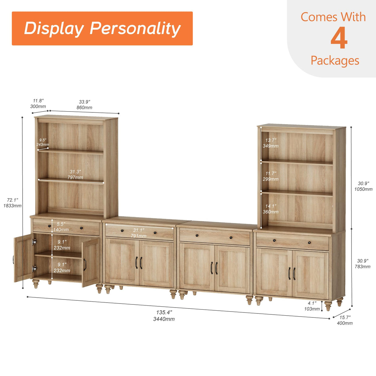 WAMPAT Entertainment Center with Bookshelves for TVs up to 75", Farmhouse Wall Unit TV Stand with 8 Doors & 4 Drawer, Media Console Table for Living Room, Bedroom & Home Theater, Oak WAMPAT