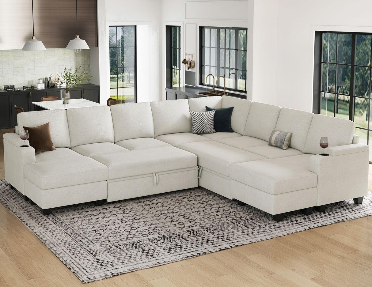 Belffin Oversized Sleeper Sofa U Shaped Modular Sectional Couch with Double Storage Chaise Convertible Sofa Bed. White Couch Belffin