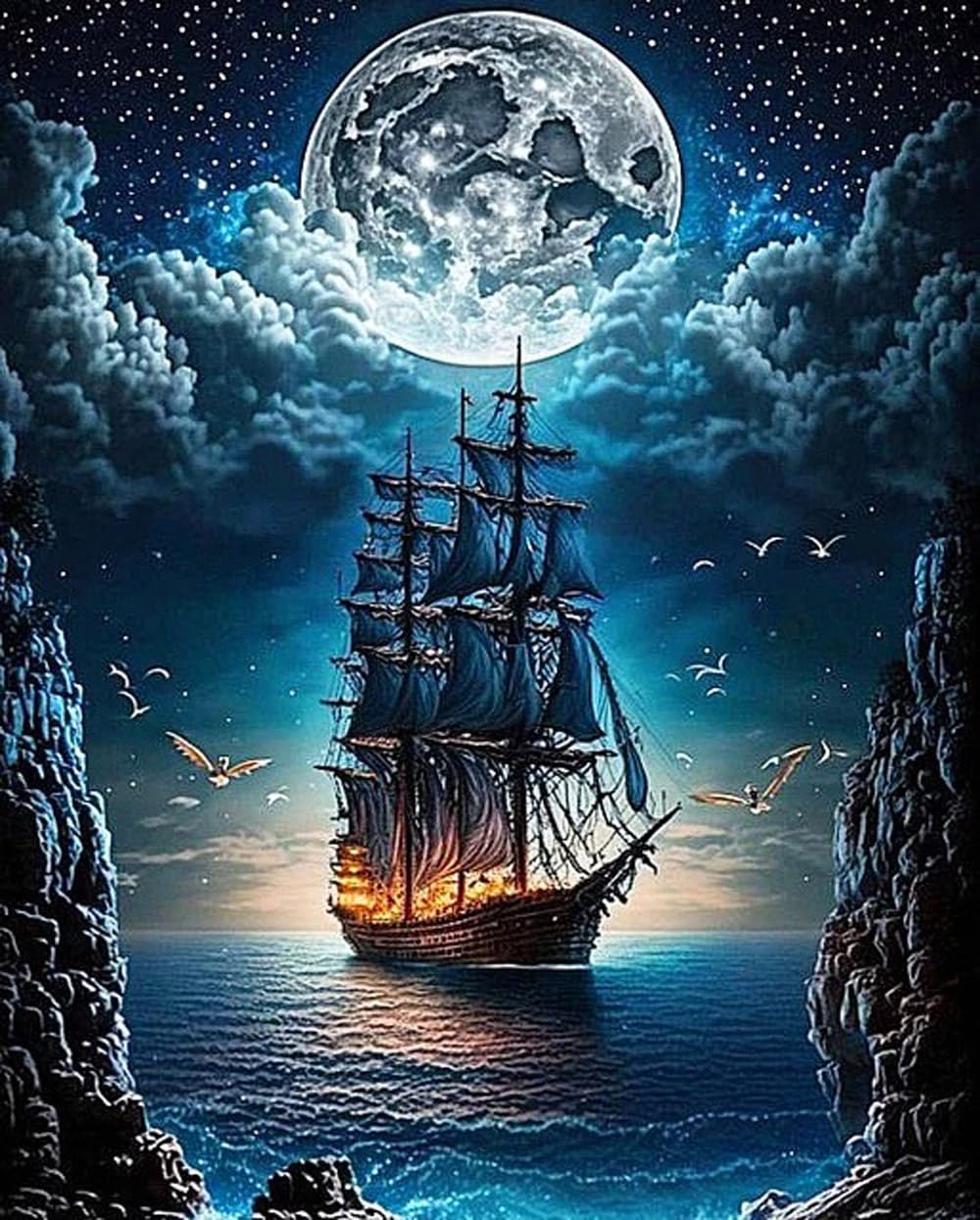 NEGHER 5D Landscape Diamond Painting Kits for Adults Beginner, DIY Steamship Moon, Full Round Drill Religious Gem Art Kits, Home Wall Decor 12x16 inch NEGHER