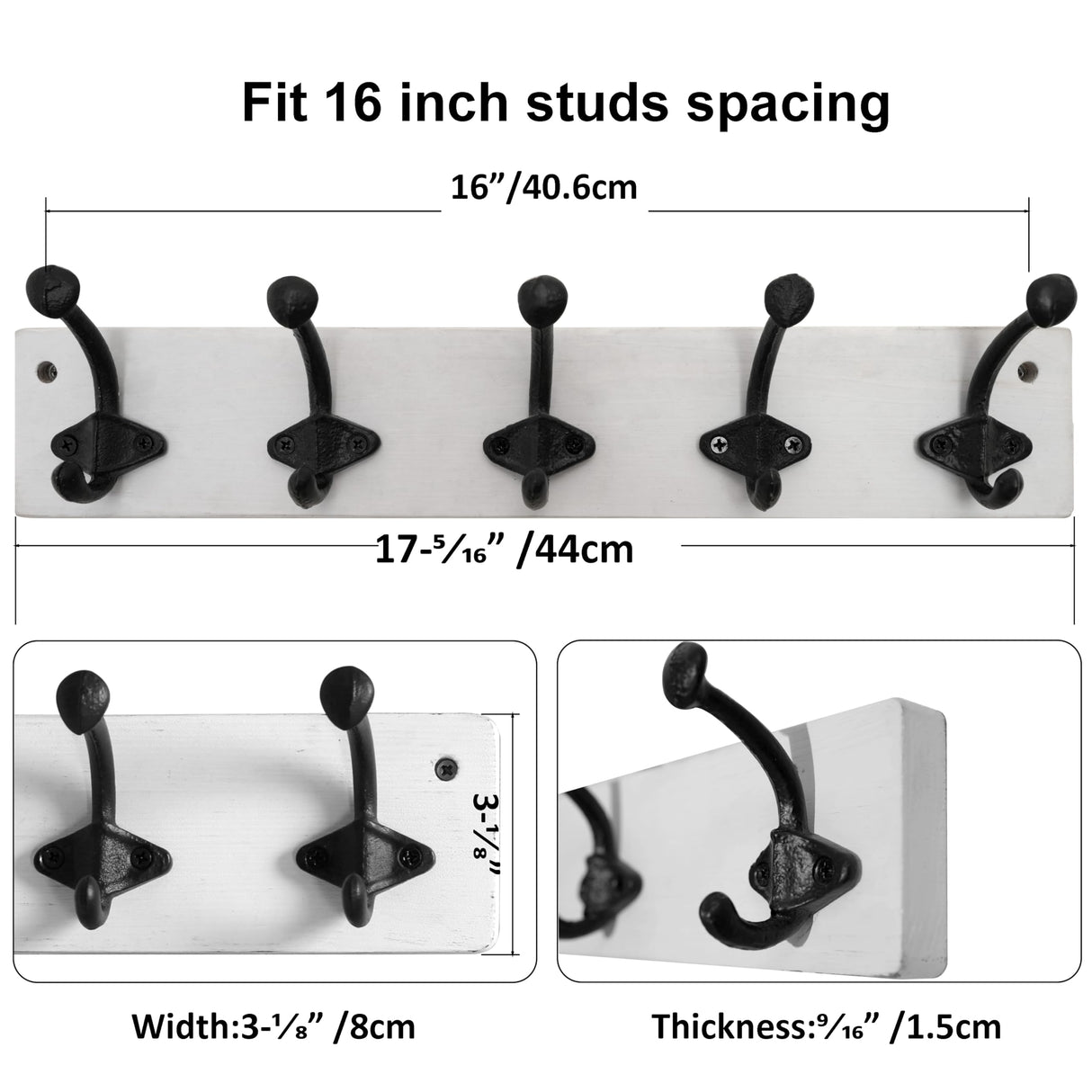 WEBI Rustic Coat Rack Wall Mount,5 Cast Iron Hooks,Coat Hooks Wall Mounted,Heavy Duty Antique Vintage Hooks for Hanging Coats,Jacket,Clothes,Black on White WEBI