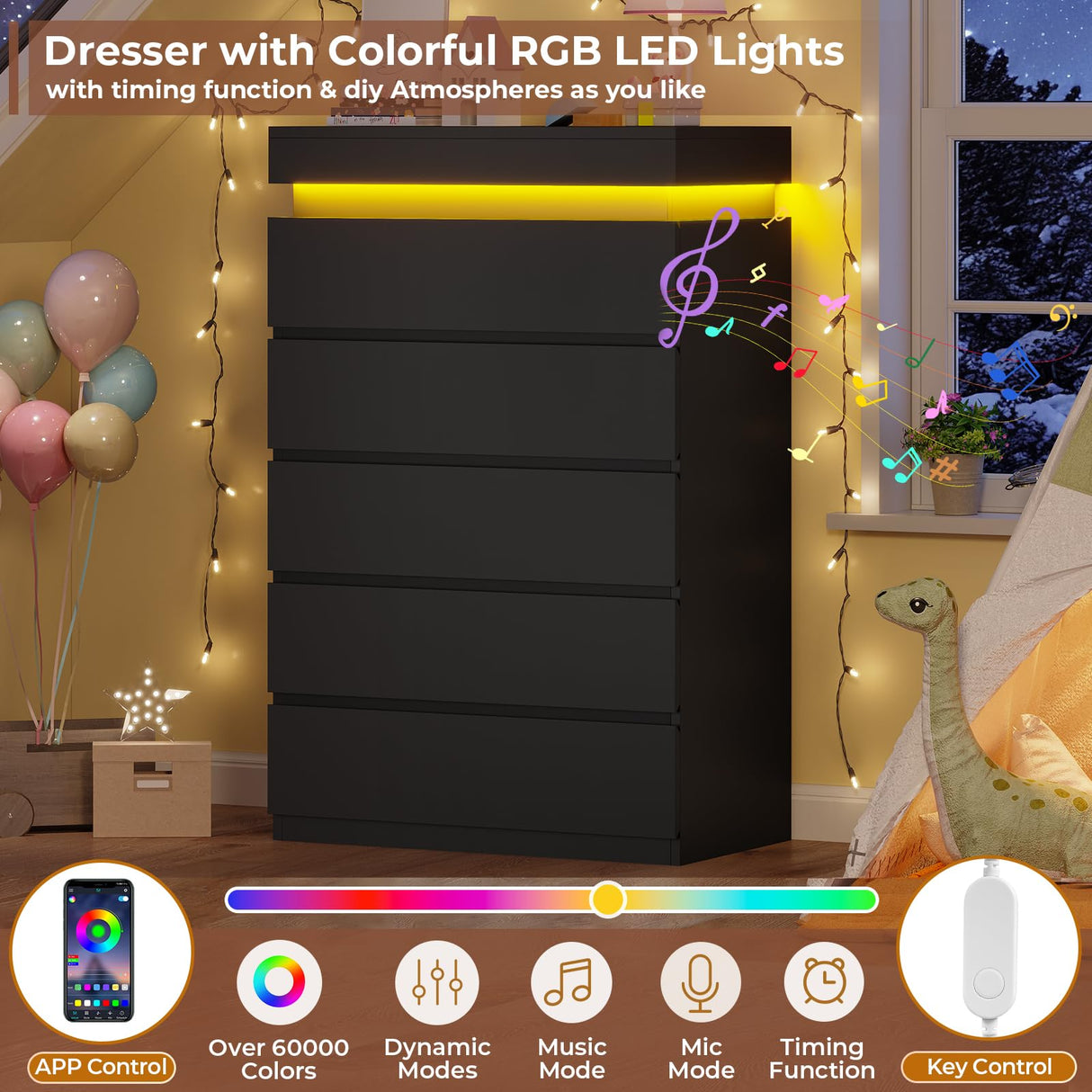HAUOMS Tall 5 Drawer Dresser with LED Light, Black Modern Chest of Drawers for Bedroom,Closet Dressers with Drawers for Living Room, Entryway, Hallway HAUOMS