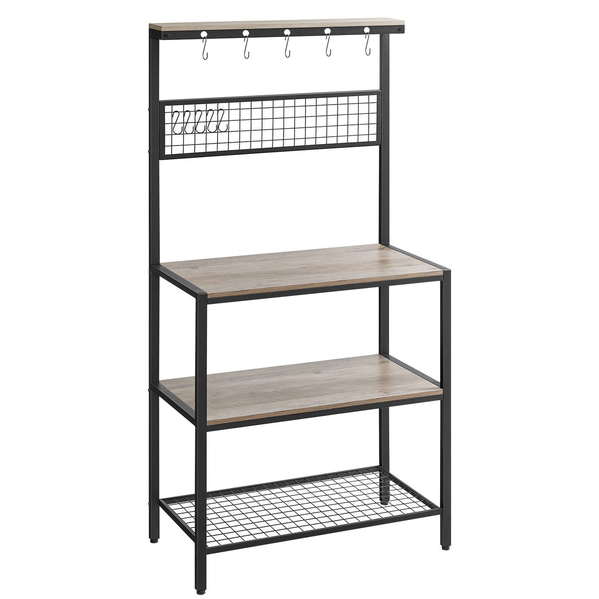 VASAGLE Bakers Rack, Coffee Bar, Kitchen Storage Shelf Rack with 10 Hooks, 3 Shelves, Adjustable Feet, for Microwave Oven, 15.7 x 33.1 x 66.9 Inches, Industrial, Greige and Black UKKS017B02 VASAGLE