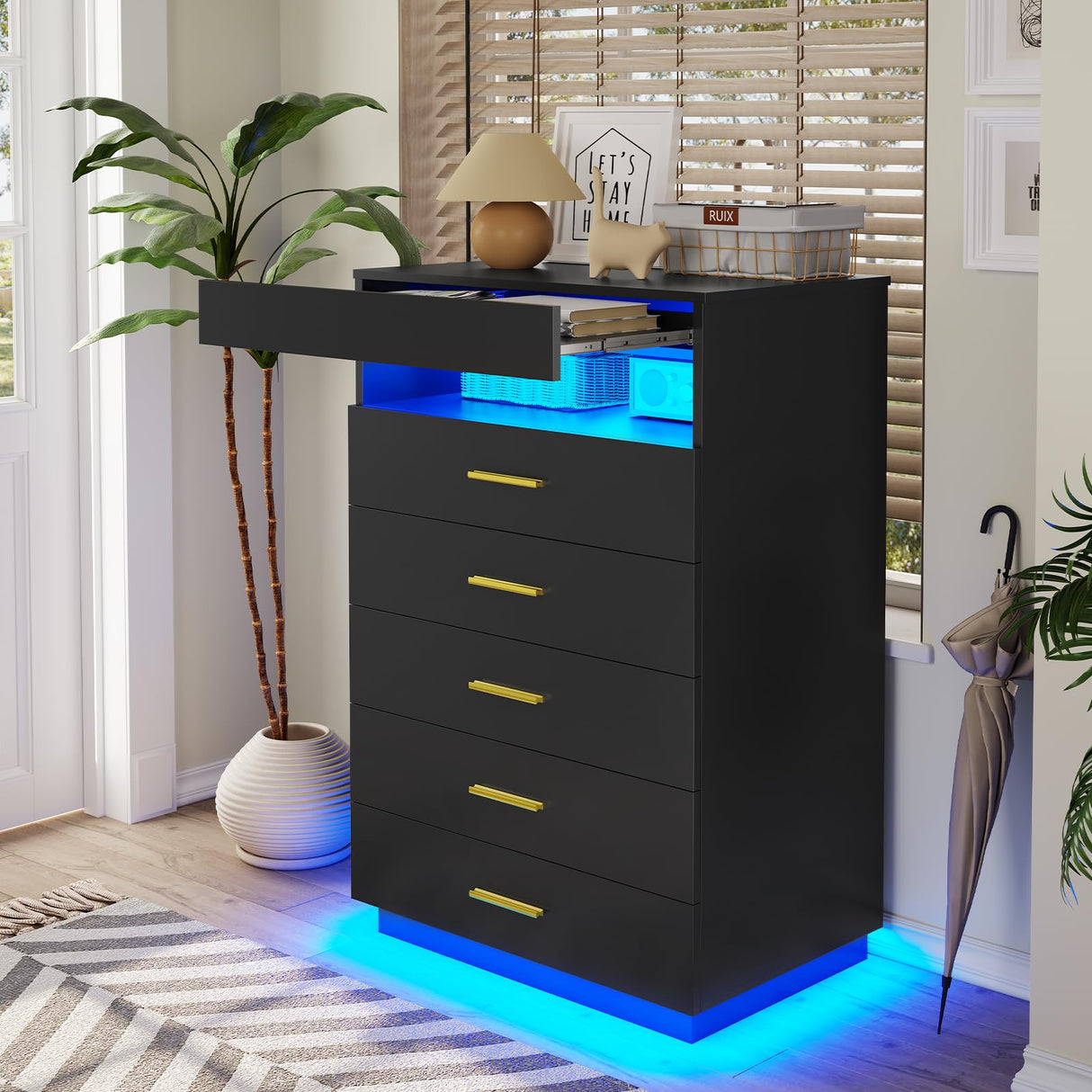 BTHFST Black Dresser with LED Lights, Floating Tall Dresser with 5 Large Drawers & Open Storage Space & Pull Out Tray, 5 Drawer Dresser Wood, Chest of Drawers for Bedroom, Living Room BTHFST
