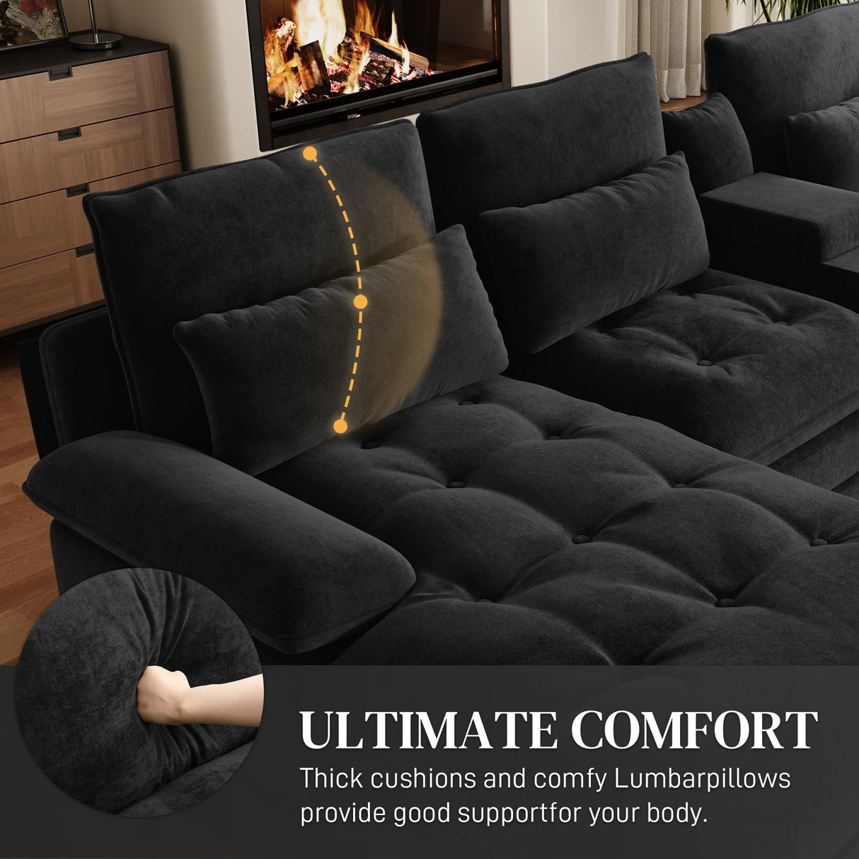 OUYESSIR 134" U Shaped Sectional Cloud Couch,Tufted Couch with Chaise Lounge,Fluffy Black Sectional Couches for Living Room,Comfy Chenille Modular Sofa with Central Console & USB Port OUYESSIR