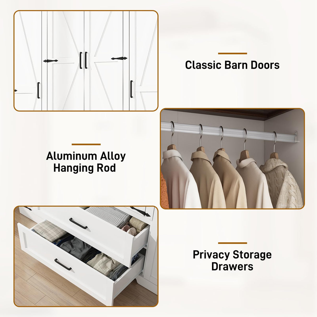 Hlivelood 4 Doors Wardrobe Armoire Closet with Doors and Drawers, Farmhouse Wooden Armoire Storage Cabinet with Shelves & Hanging Rod for Bedroom, White Hlivelood