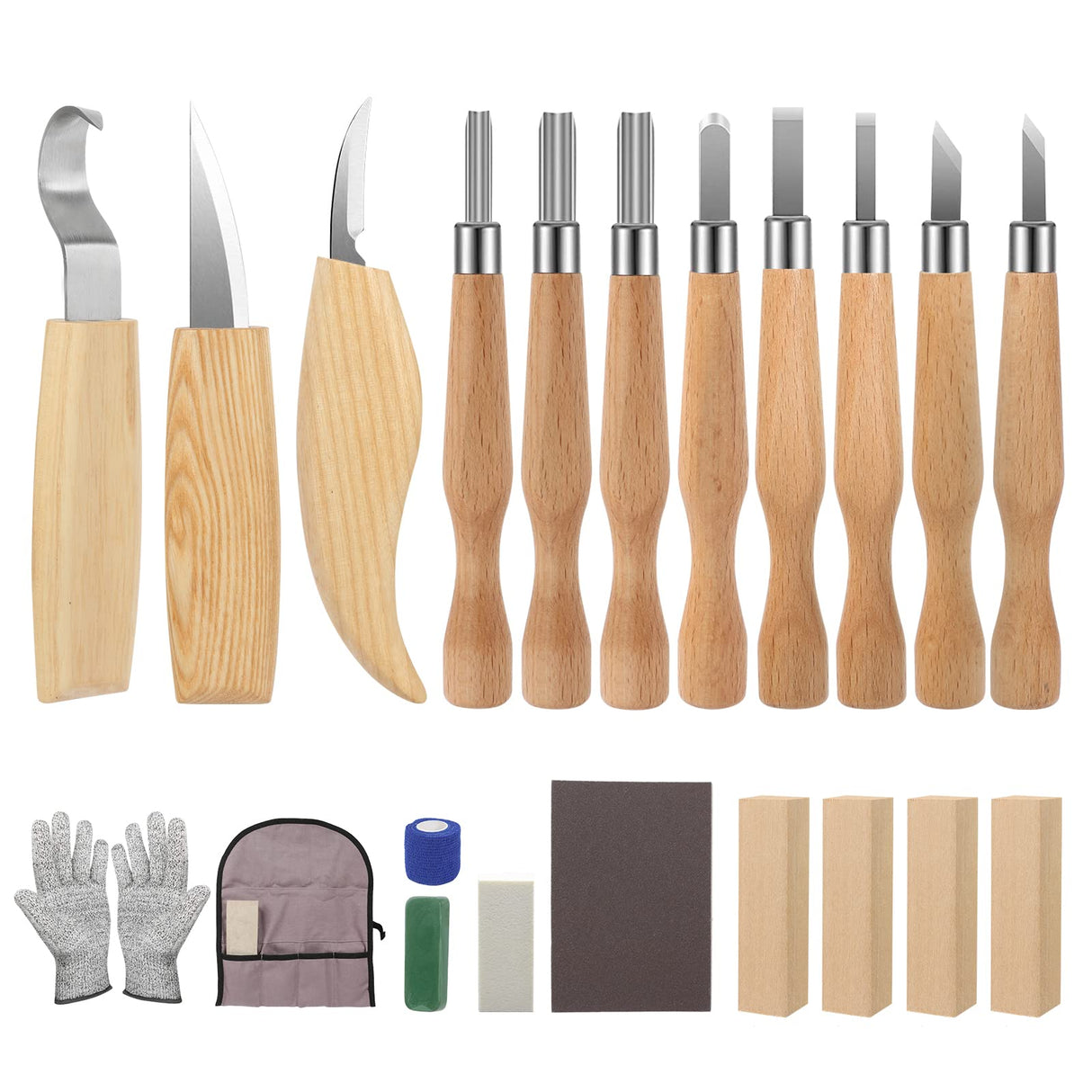 Wood Whittling Kit, 22-in-1 Wood Carving Tools Kit With 11pcs Wood Carving Knives & 4pcs Basswood Wood Blocks, Whith Cut Resistant Gloves & Carving Accessories, Wood Whittling Knife Kit for Beginners QJIUBA