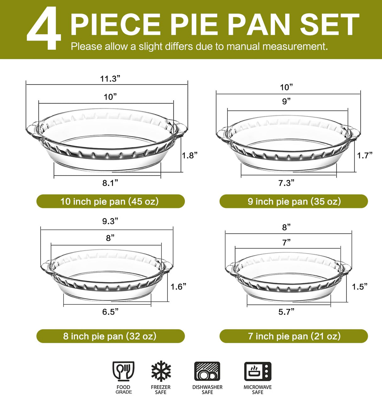 4 Packs Glass Pie Plates, MCIRCO Deep Pie Pans Set (7"/8"/9"/10"), Pie Baking Dishes with Handles for Baking and Serving, Clear M MCIRCO