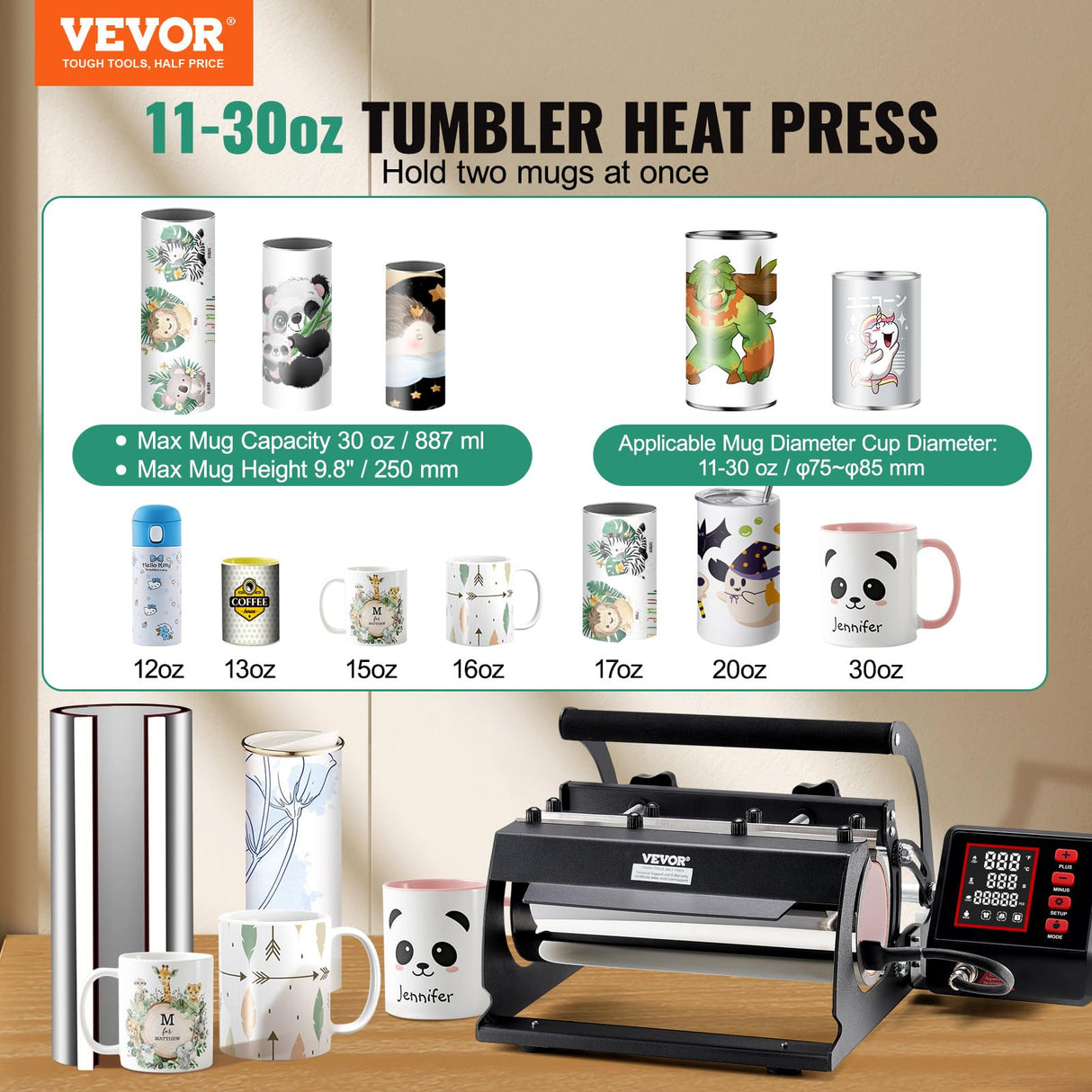VEVOR Tumbler Heat Press Machine, 11-30oz Mug Press, Heat Up Fast and Even, Tumbler Press with Sublimation Paper, Tape and Gloves, Temp and Time Setting, for Sublimation Tumblers, Cups, Mugs, Black VEVOR