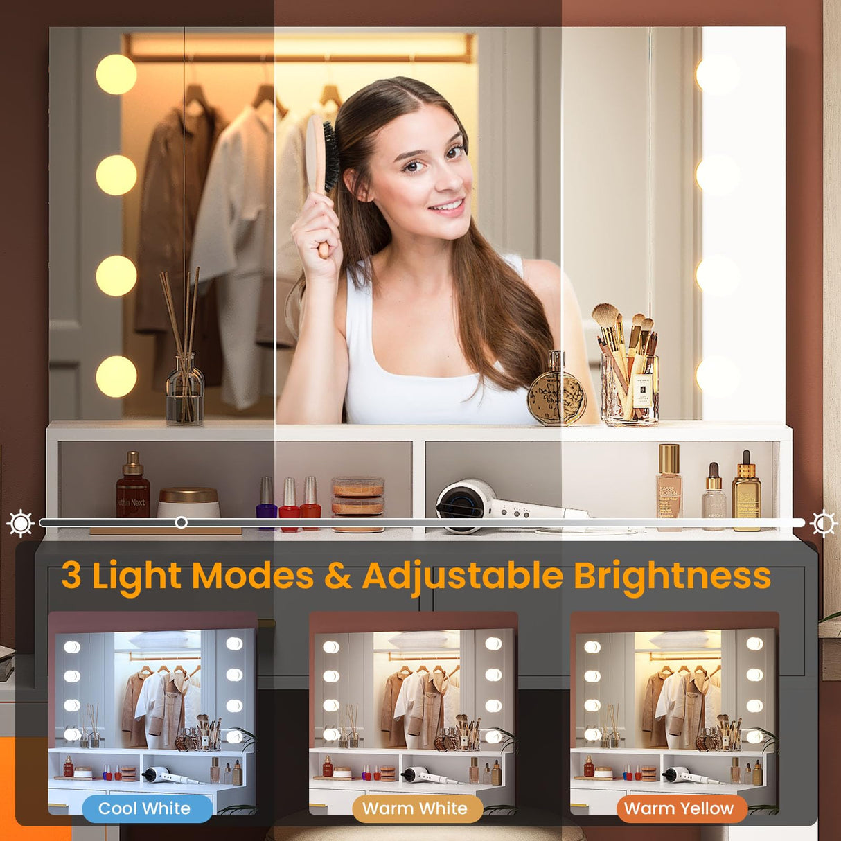 AOGLLATI Makeup Vanity Desk with Mirror and Lights & Charging Station, White Vanity Table with 3 Drawers LED Dresser, Makeup Desk with 3 Lighting Modes, 5 Drawers and Cabinet Storage AOGLLATI