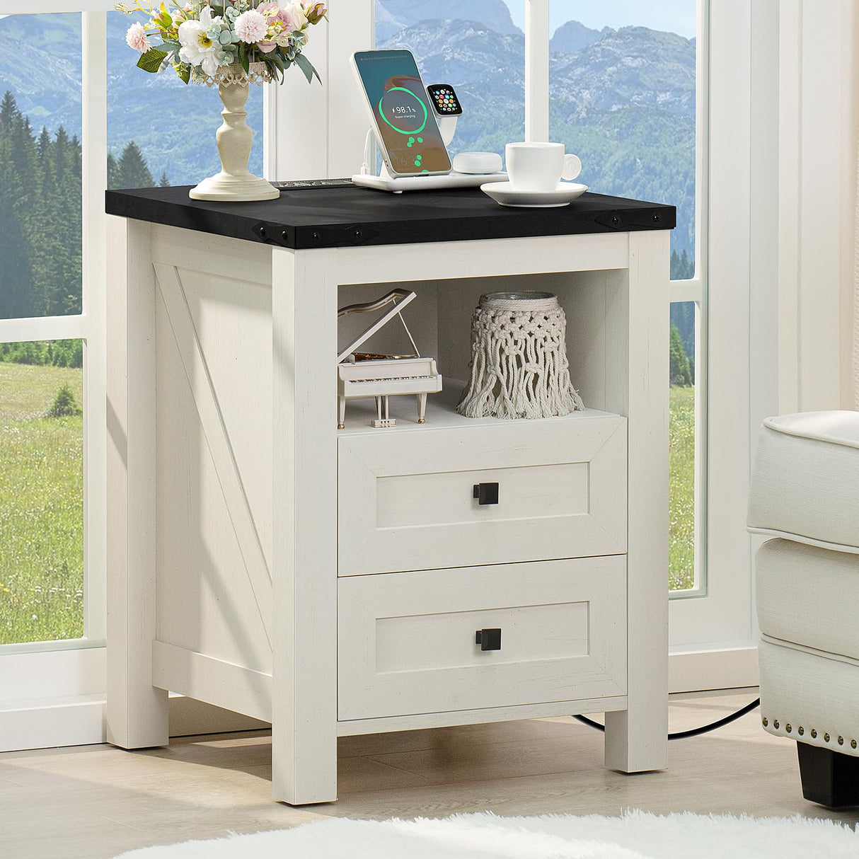 Joaxswe Nightstand with Charging Station and USB Port, Farmhouse Night Stand with 2 Drawers and Shelf Storage, Wooden Side End Table, Bedside Cabinet for Bedroom, Living Room, Closet, Office (White) Joaxswe